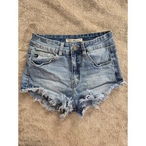 KanCan High Rise Cut Off Shorts Size 25 Frayed Burnout Raw Hem Light Wash Denim
